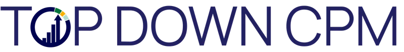 Logo for Top Down CPM with stylized bar chart and arrow forming the letter O.