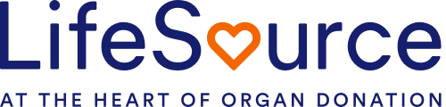 LifeSource logo with an orange heart symbol replacing the letter O, and the tagline 'At the heart of organ donation' below.