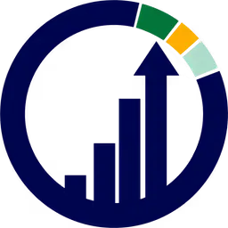 Circular chart with upward trending bar graph inside and segmented arc in green, yellow, and light blue above the graph.