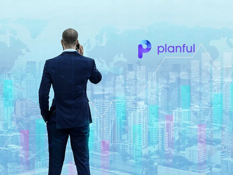 Man in a suit looking out over a cityscape with digital graphs and the Planful logo overlay.