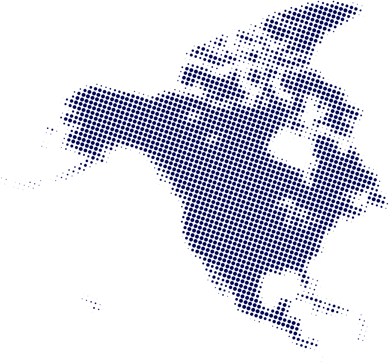 Map of North America created with evenly spaced dark blue dots on a black background.