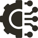 Icon showing half a gear connected to circuit lines, representing technology and automation.