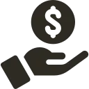 Hand holding a coin with a dollar sign above it, symbolizing income or earnings.
