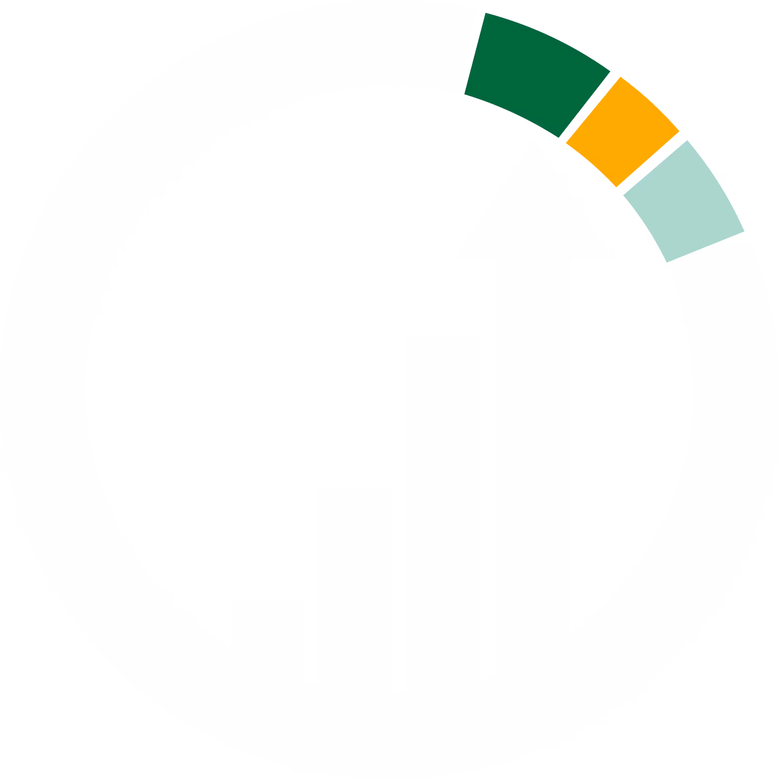 Three curved color blocks in dark green, yellow, and light mint arranged clockwise on a white background.