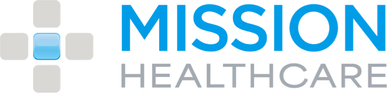 Mission Healthcare logo with blue and gray text and a cross symbol made of rounded squares.